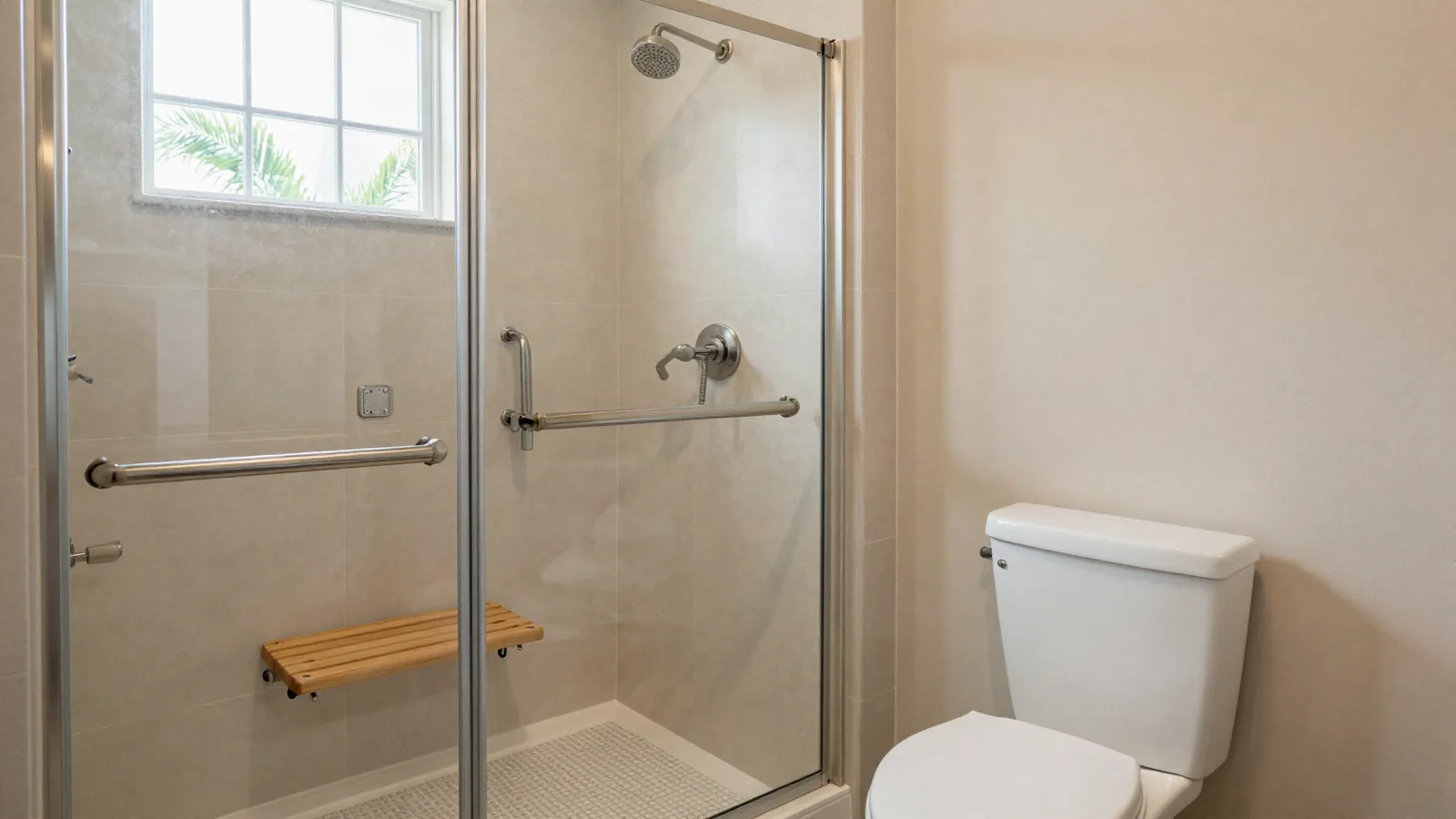 Walk-in shower with two horizontal grab bars, a slatted wood shower bench and a clear glass door, next to a toilet