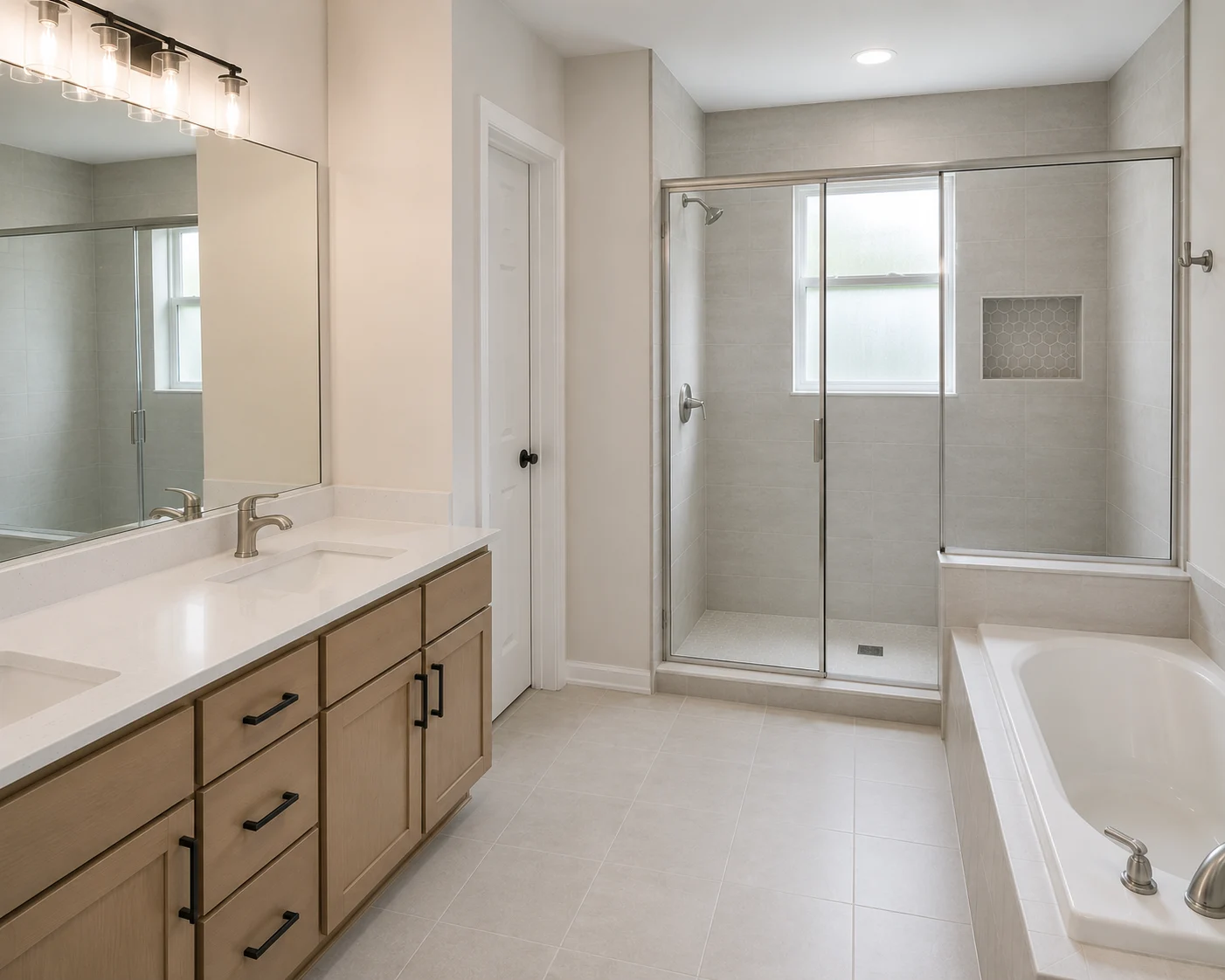 Coordinated primary bathroom with new vanity and fixtures after renovation by SAVAM House