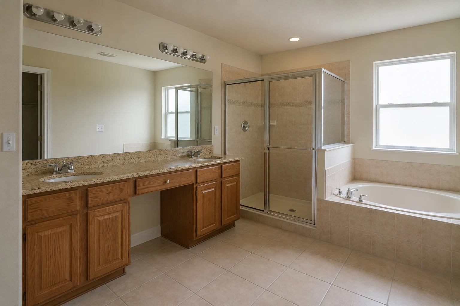 Outdated bathroom with an old tub and worn tile before renovation