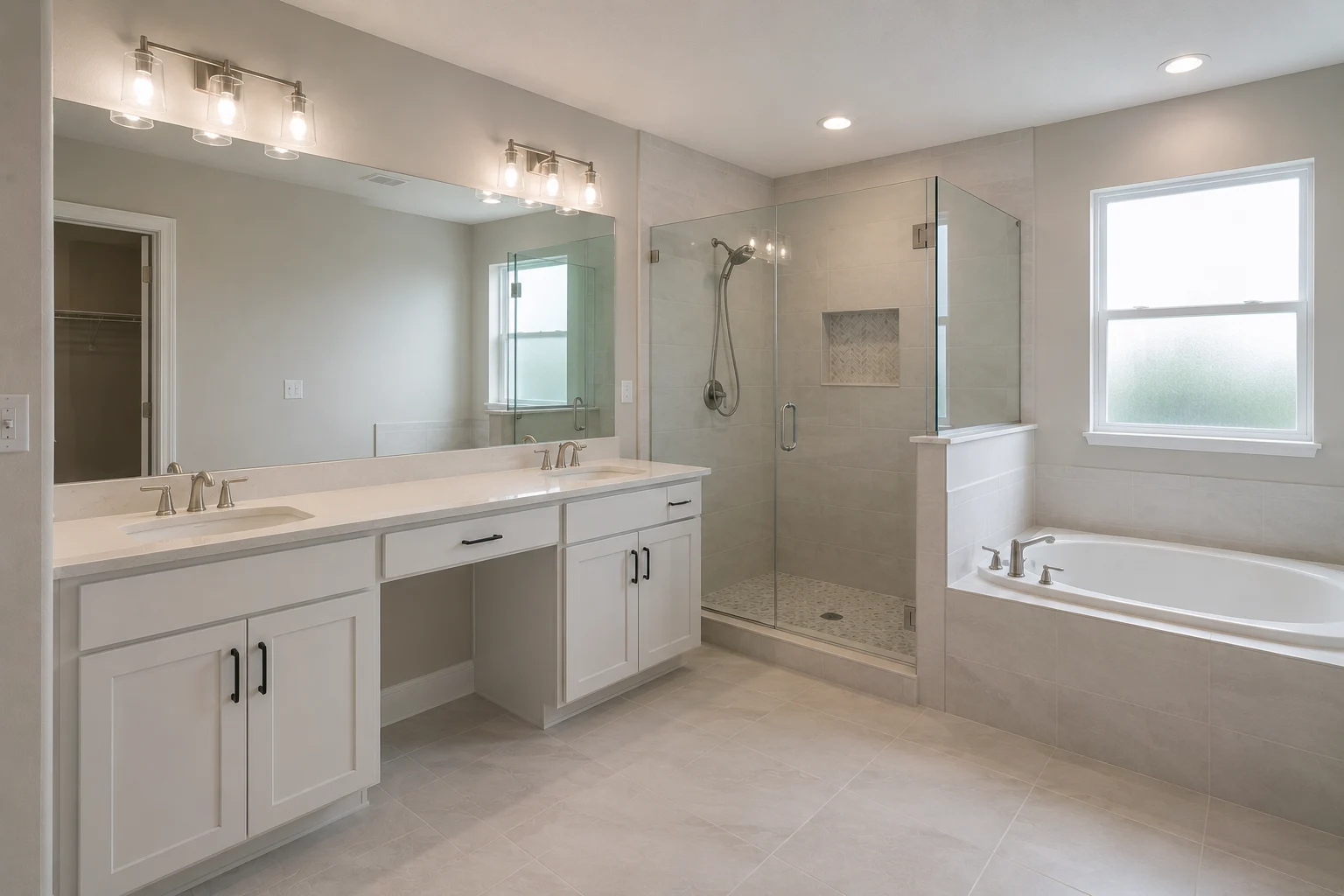 Concept visualization of a bright, functional bathroom with a clean vanity and light tile