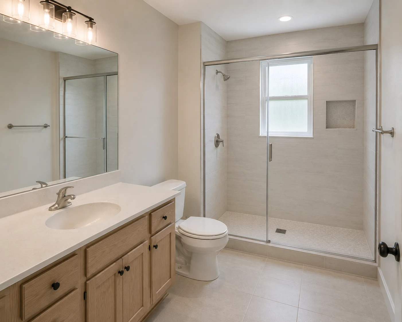 Concept visualization of a sophisticated primary bathroom suite with a freestanding tub