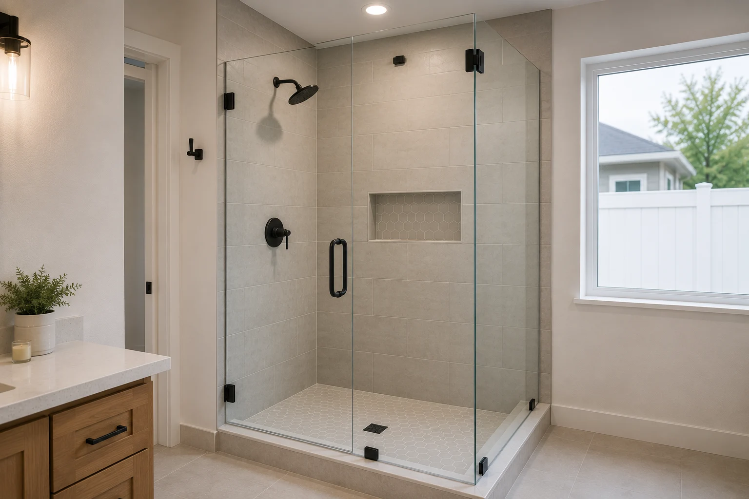 Frameless shower glass enclosure in a SAVAM House bathroom remodel