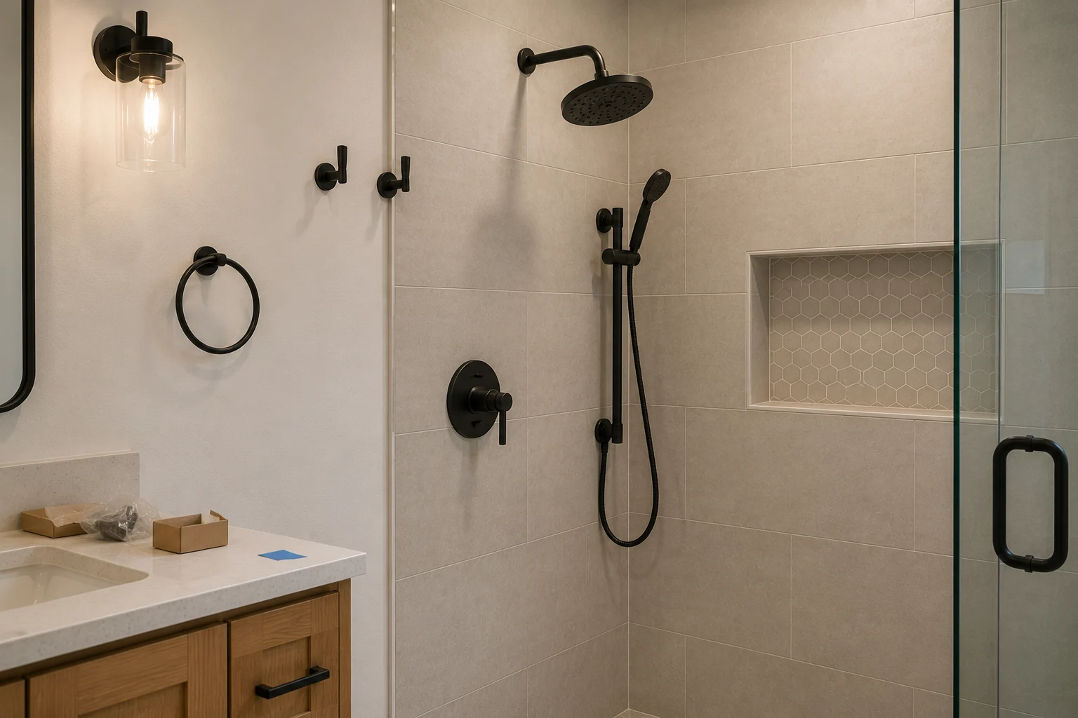 Coordinated fixtures and hardware used in a SAVAM House bathroom remodel