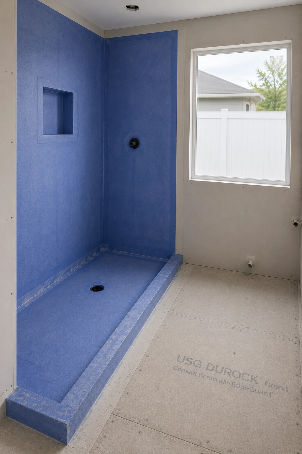 Shower enclosure with blue waterproofing membrane applied over the pan, walls and niche, standing on cement board before any tile is set