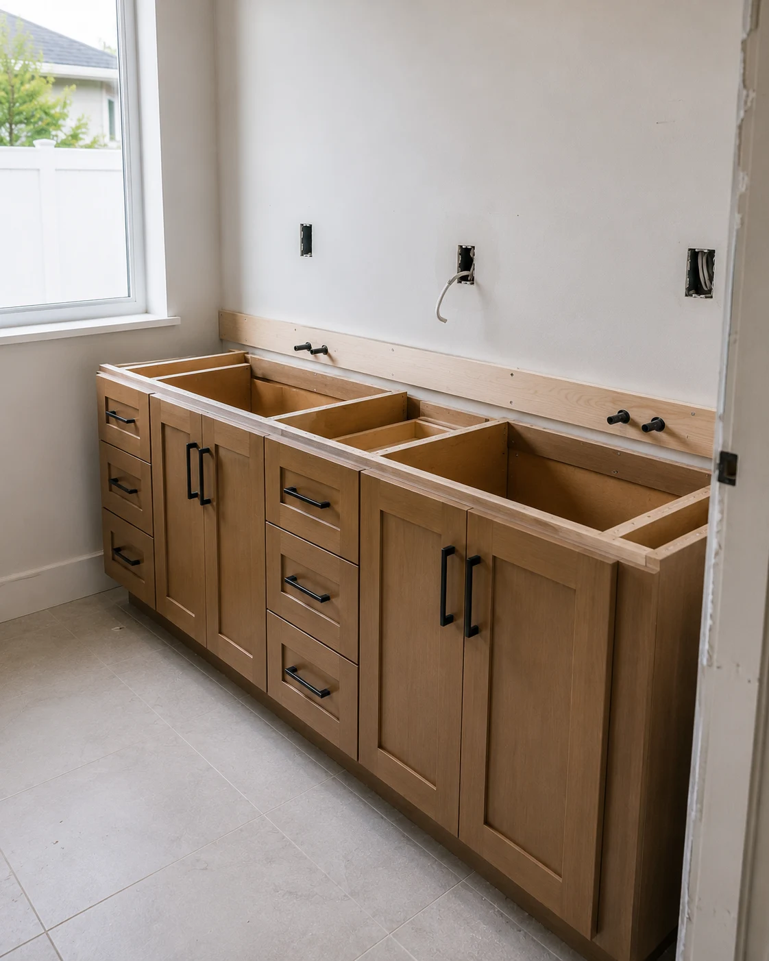 Double vanity cabinets installed in a bathroom with no countertop yet, plumbing stub-outs and electrical boxes visible on the wall behind