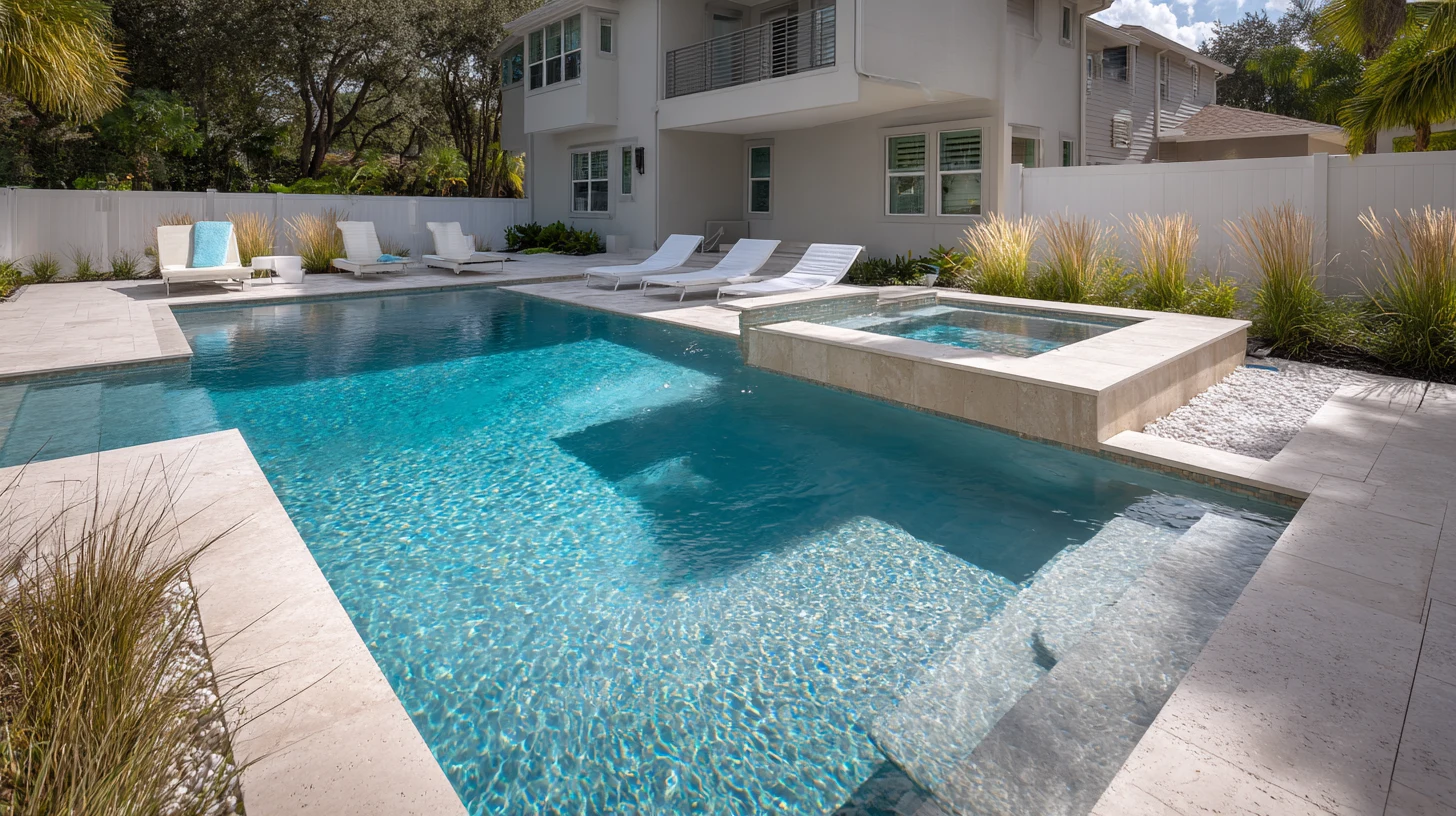 Finished luxury pool and spa with travertine decking after construction by SAVAM House
