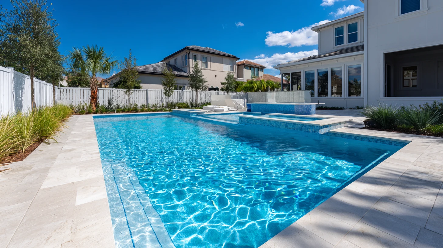Finished resort-style pool with raised spa and bright travertine deck after construction by SAVAM House