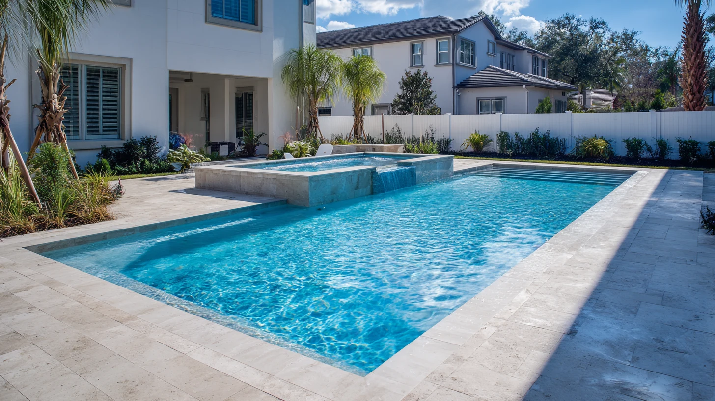 Finished pool and spa with a sheer descent water feature after construction by SAVAM House