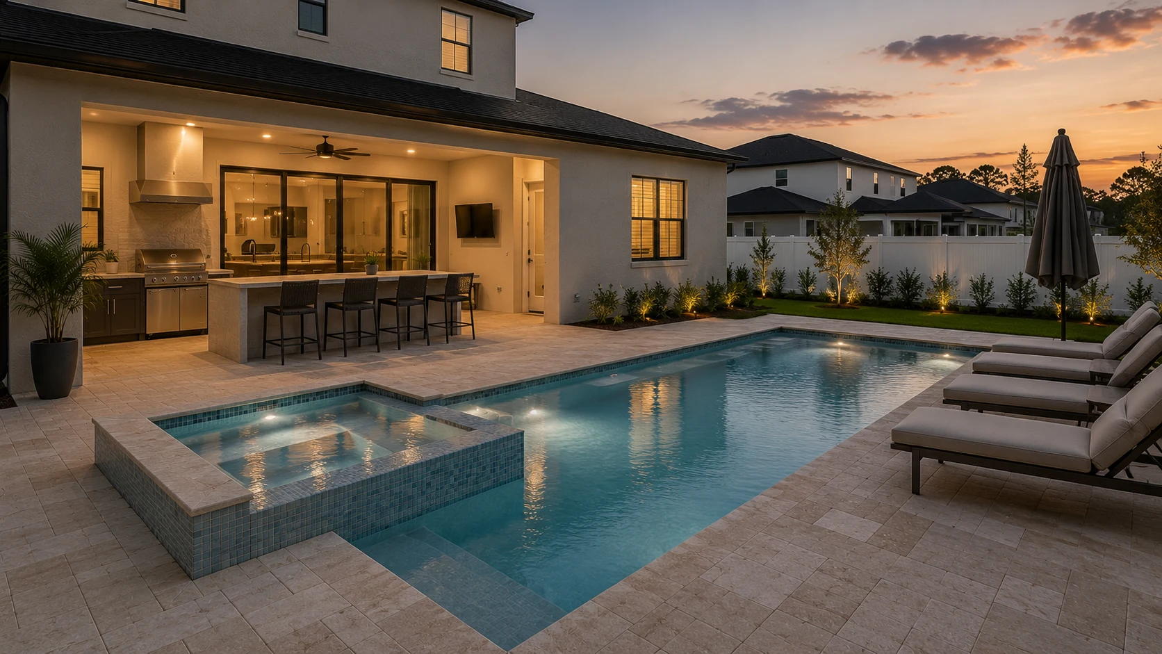 Luxury custom pool and spa with travertine decking in Central Florida by SAVAM House