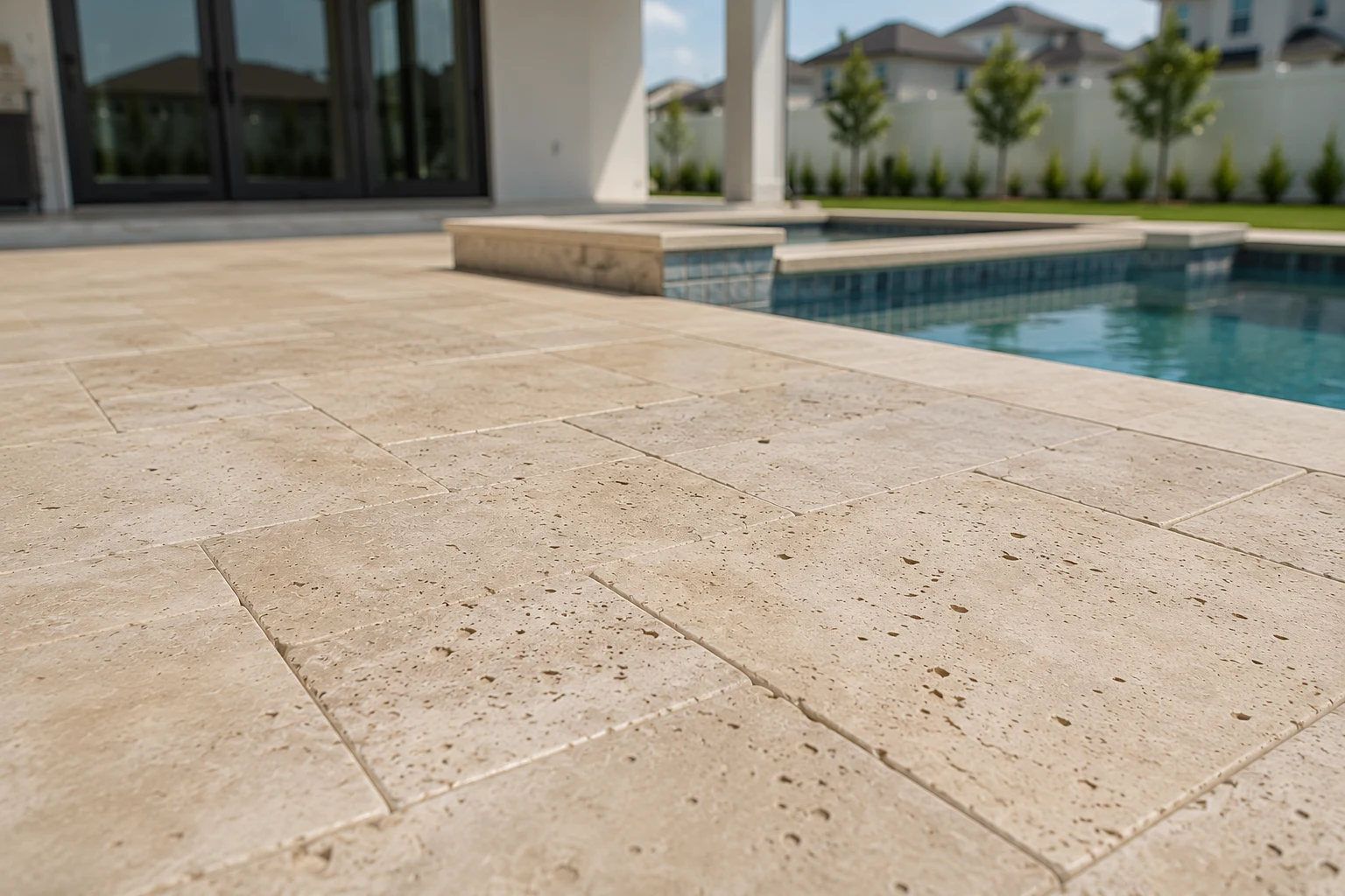 Travertine paver decking around a custom pool in a SAVAM House project