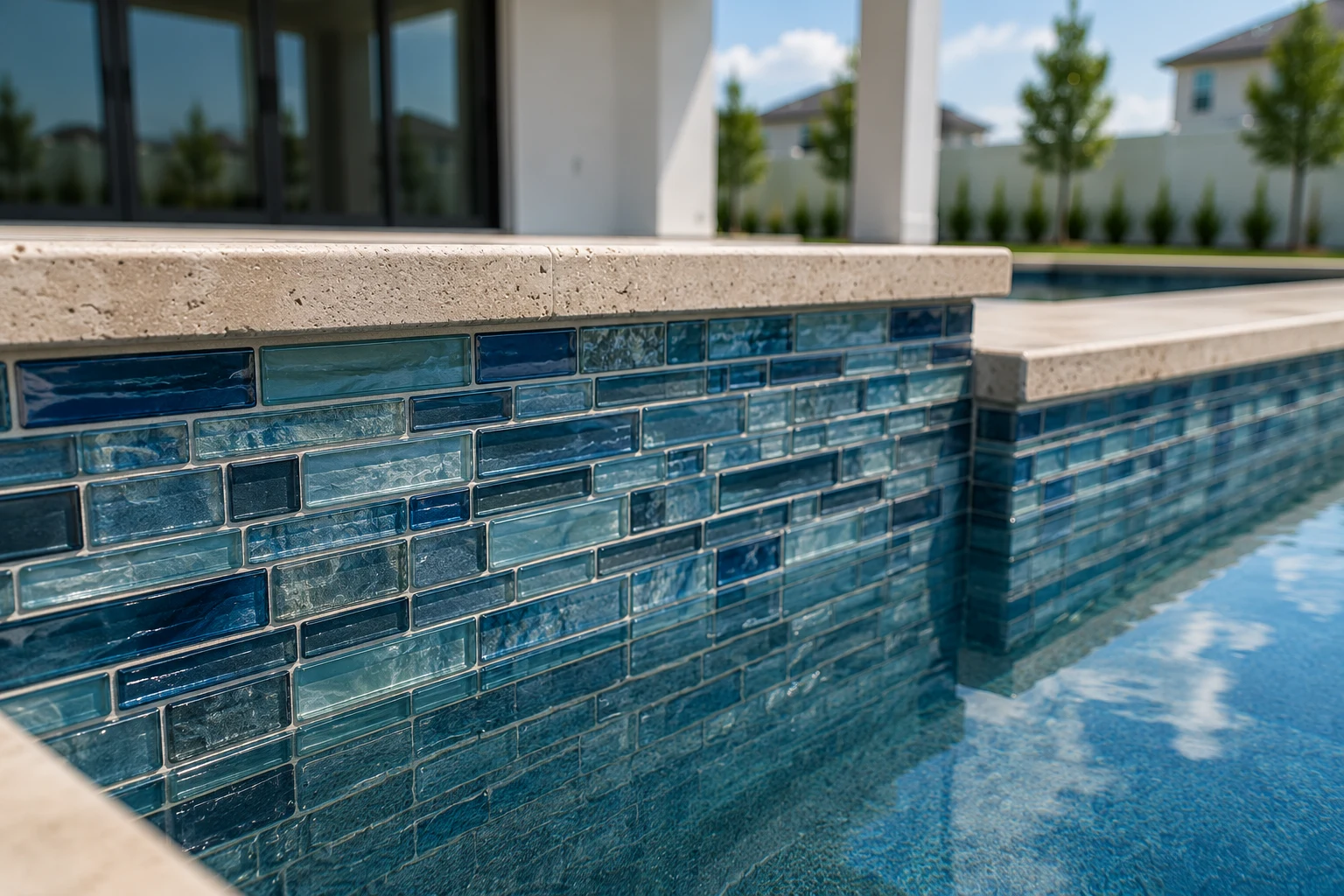 Glass tile detail on a custom pool spa wall in a SAVAM House project
