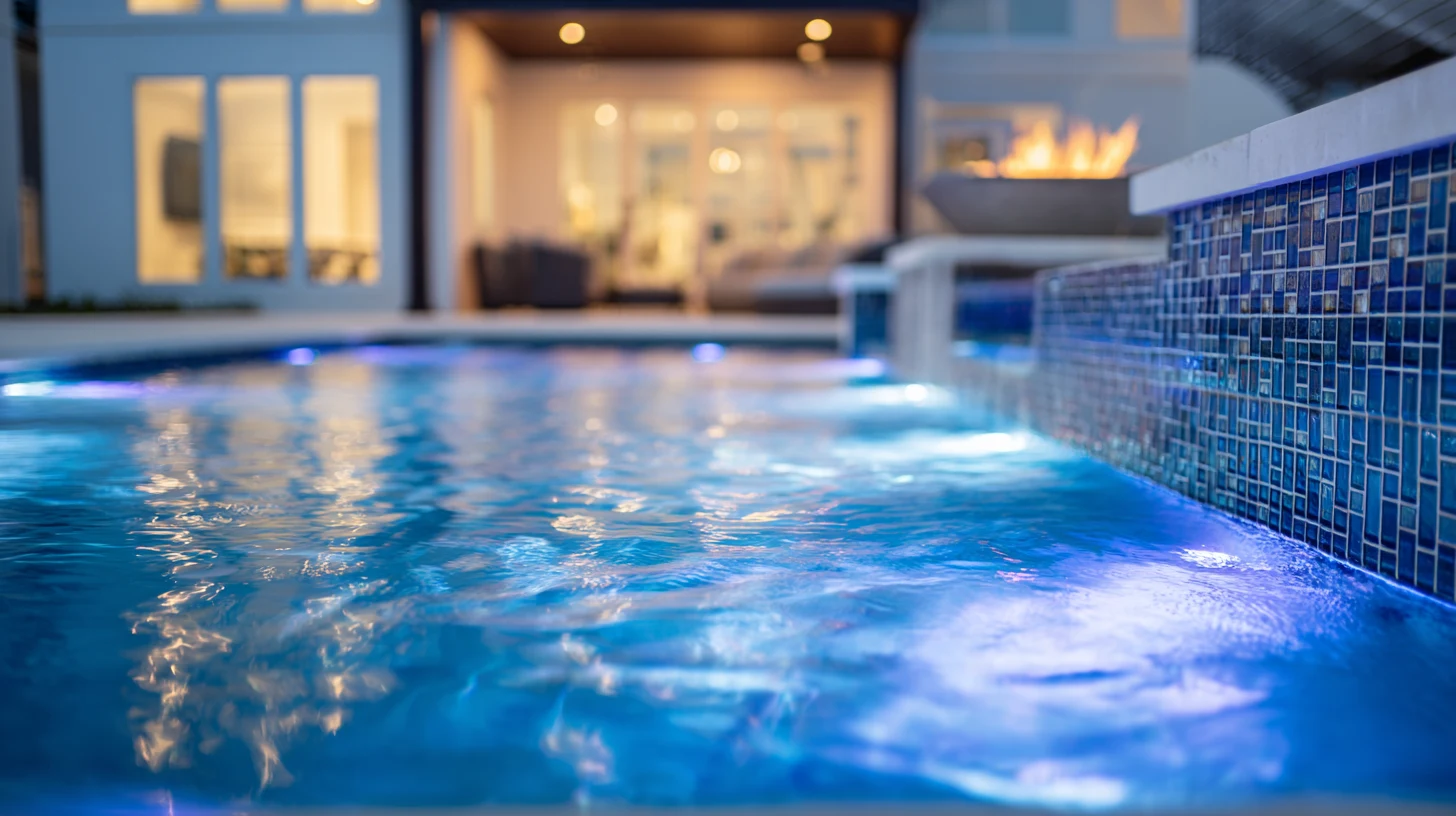 LED pool lighting illuminating a custom pool at night in a SAVAM House project