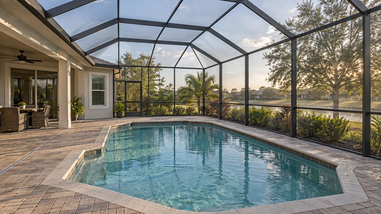Screened pool enclosure with a dark aluminum frame and a dome roof over a pool and paver deck