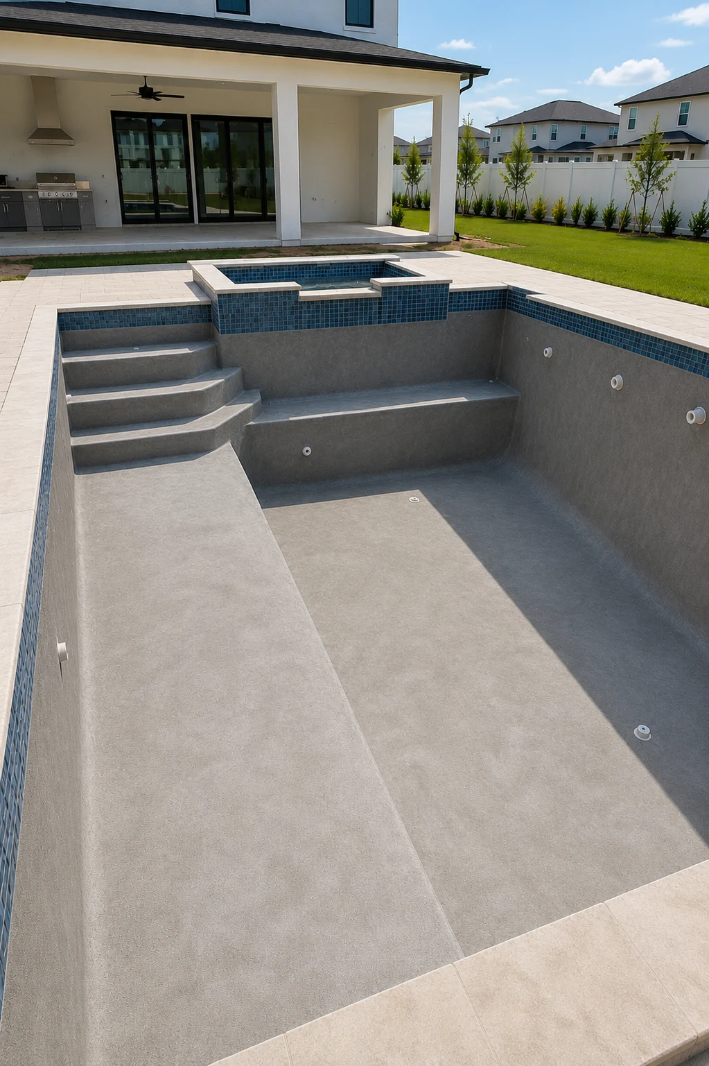 Finished pool shell with tile and decking ready for water by SAVAM House