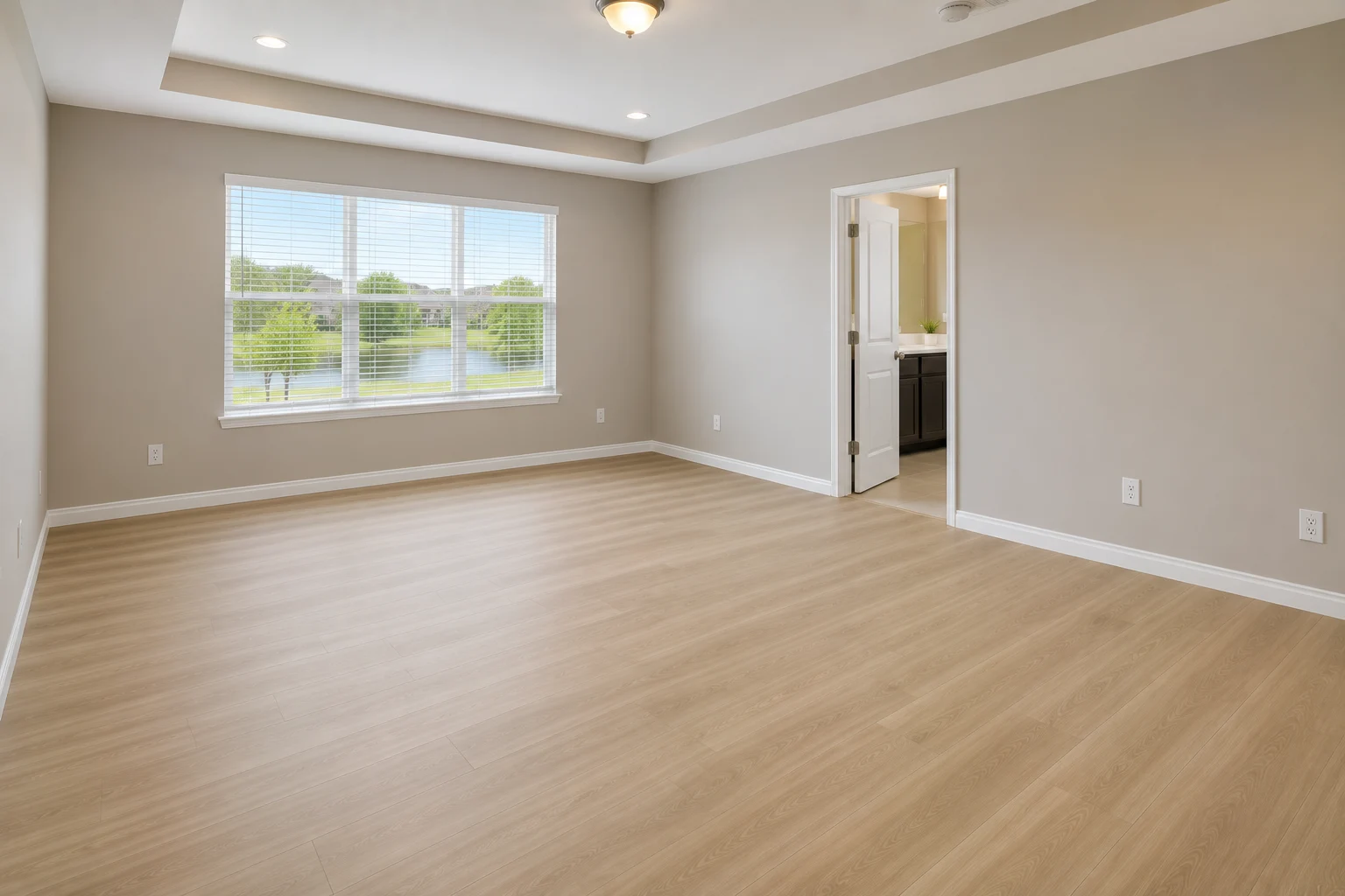 Concept visualization of modern luxury vinyl plank flooring flowing through connected rooms