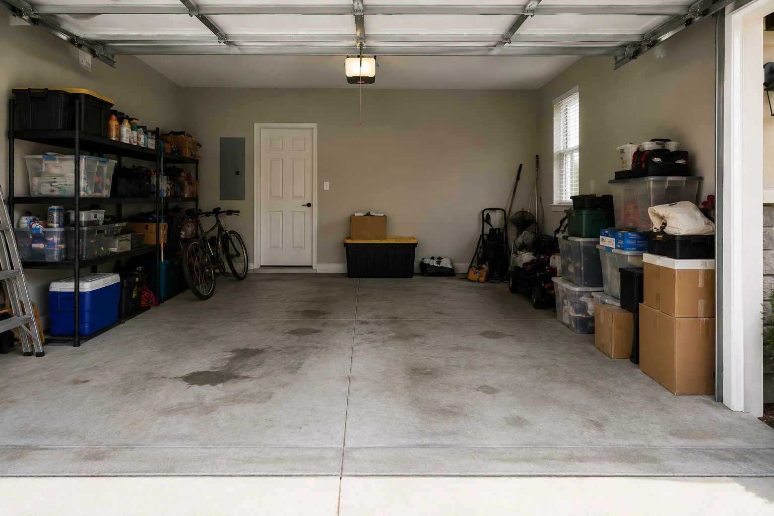 Cracked, stained concrete garage floor before renovation