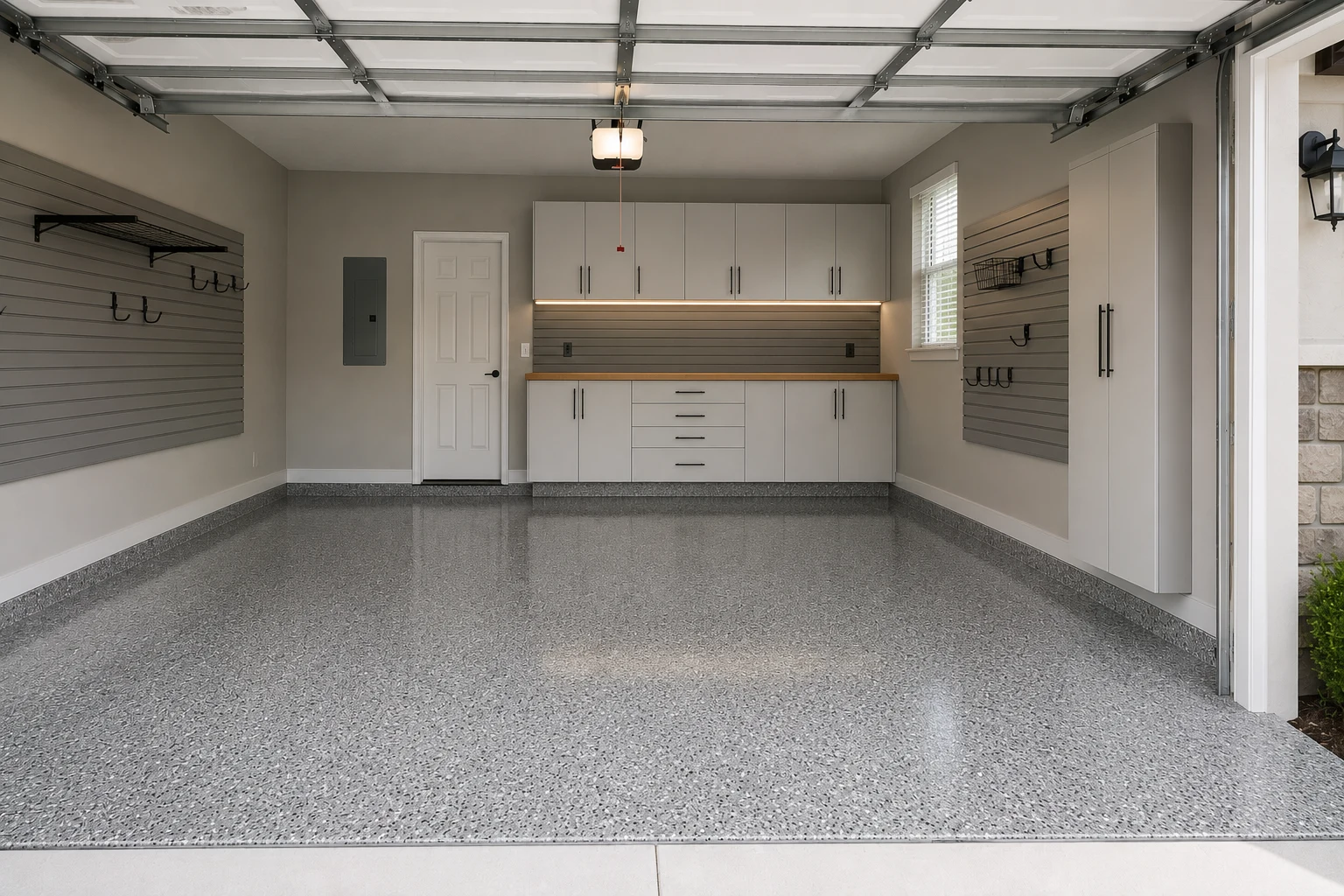 Concept visualization of a complete garage transformation with cabinets and epoxy flooring