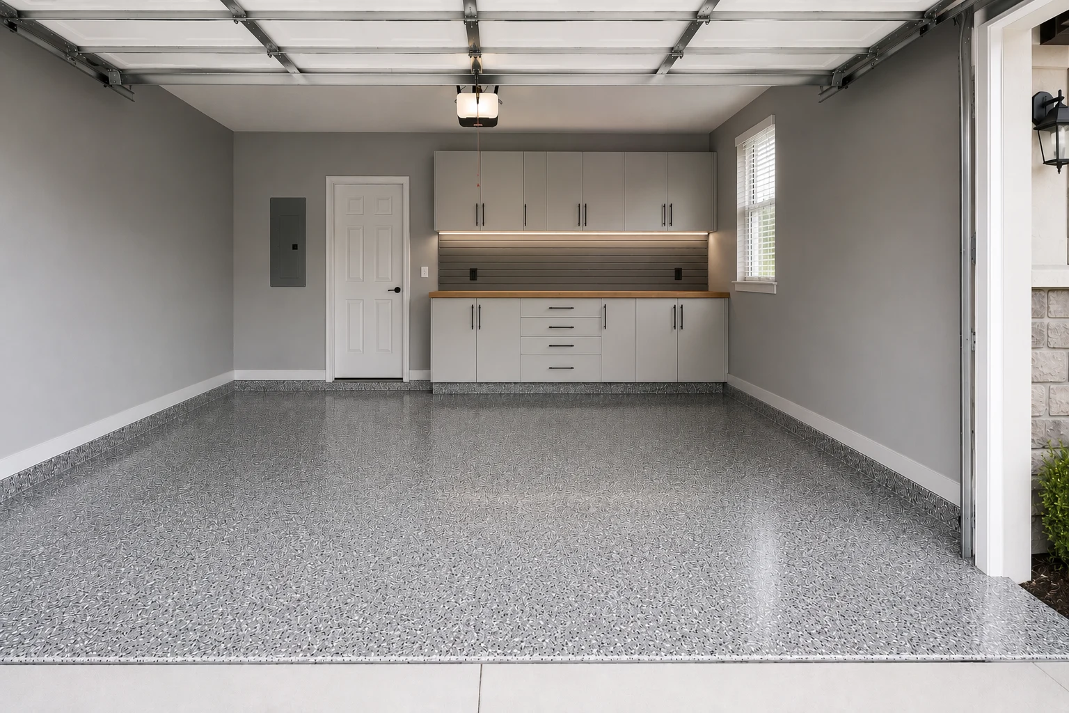 Concept visualization of a premium garage storage system with slatwall and cabinets