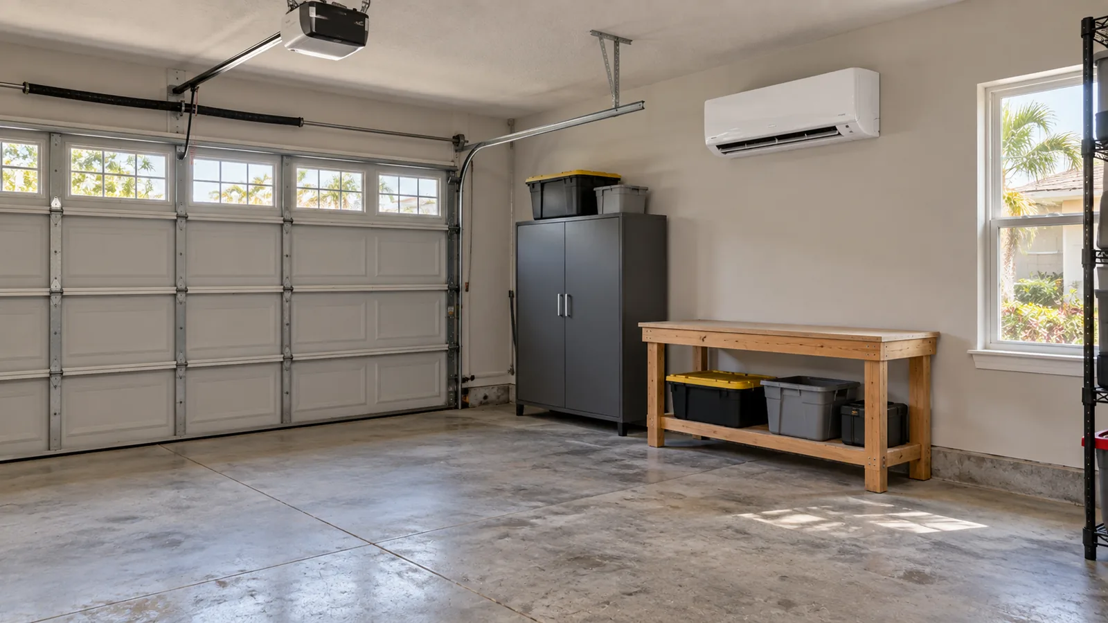 Garage with a wall-mounted ductless mini-split unit above a workbench and storage cabinet, beside the garage door