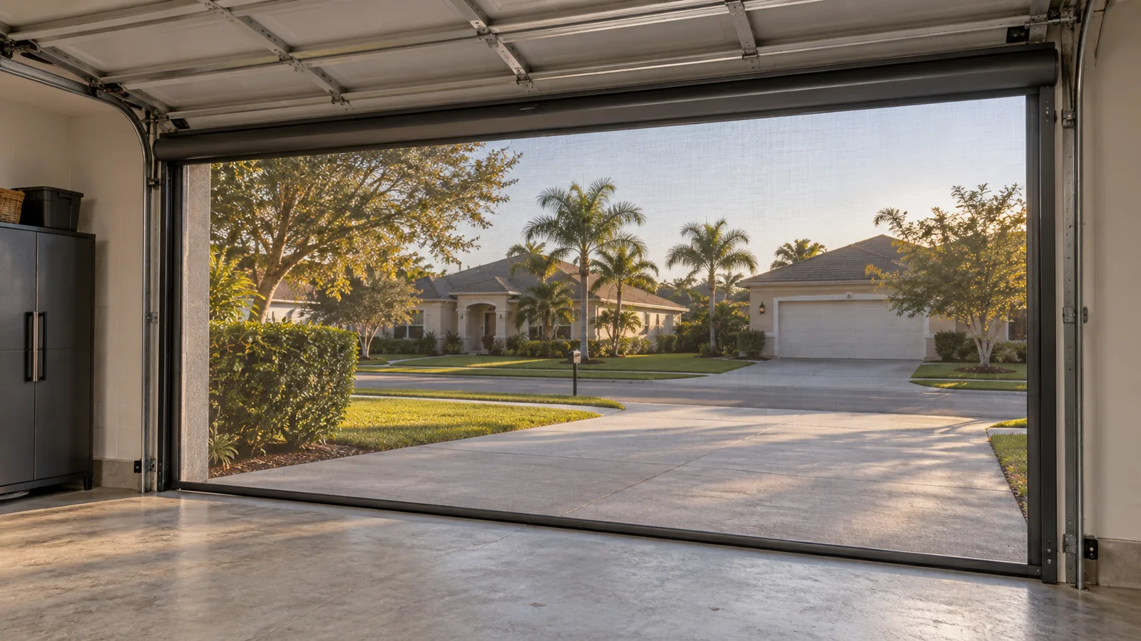 Retractable screen closing a garage door opening, looking out to the driveway and street