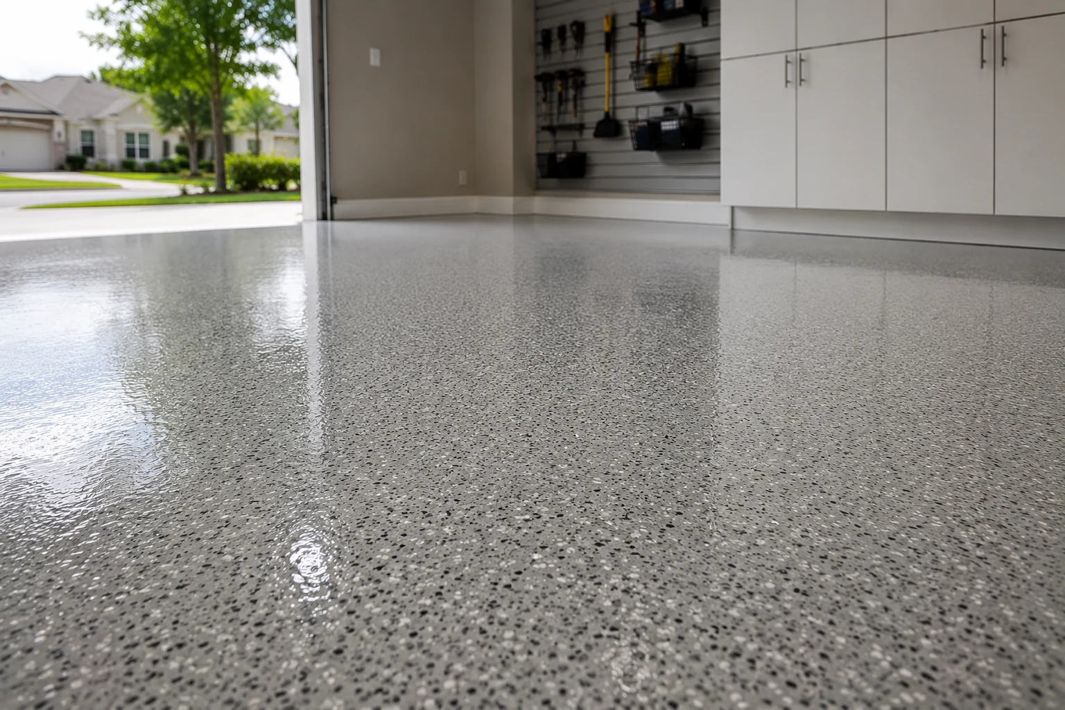 Epoxy floor coating installed in a SAVAM House garage remodel