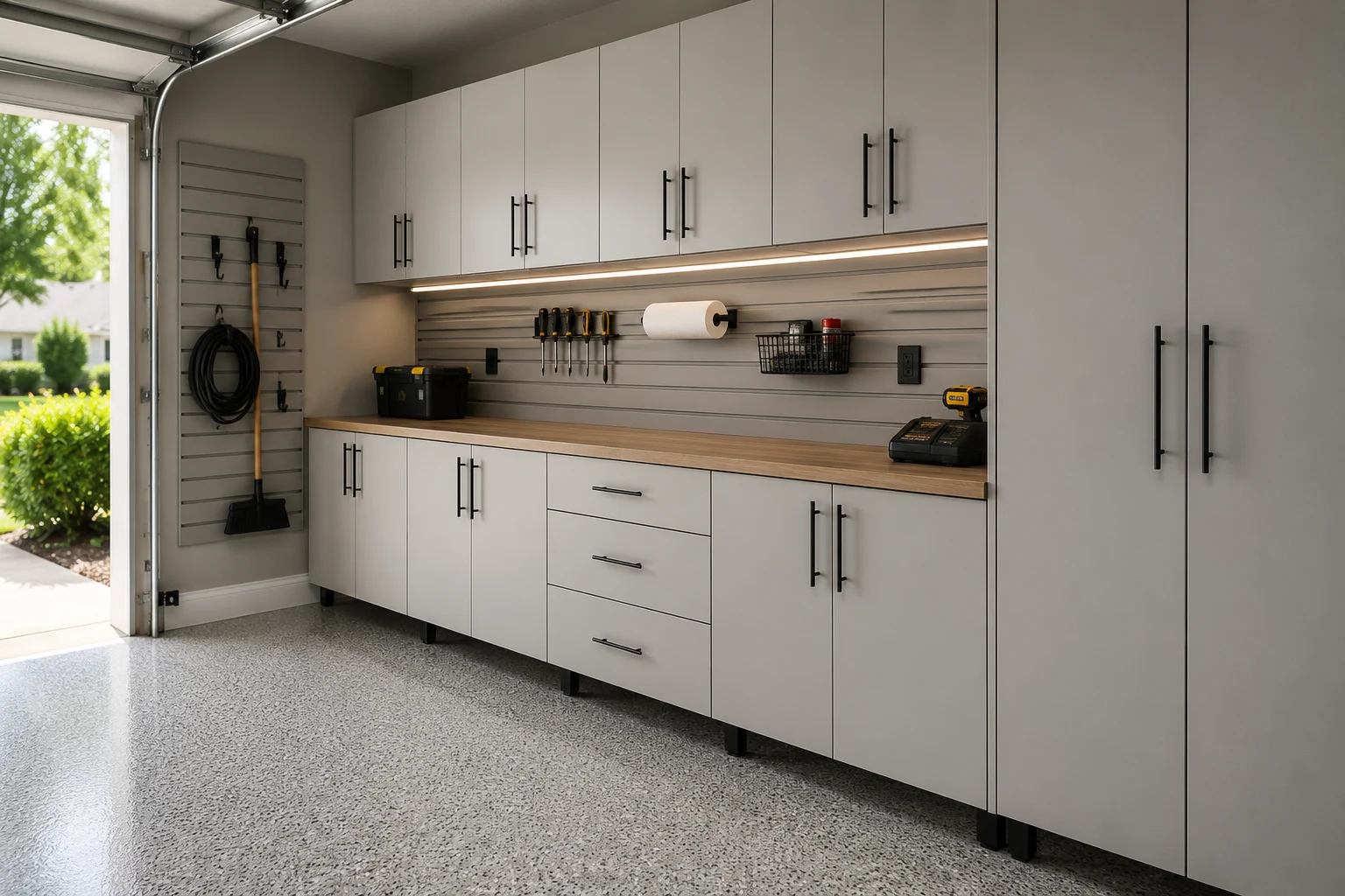 Custom garage cabinets installed in a SAVAM House garage remodel
