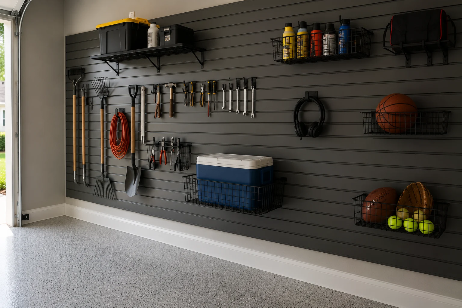 Slatwall storage system installed in a SAVAM House garage remodel