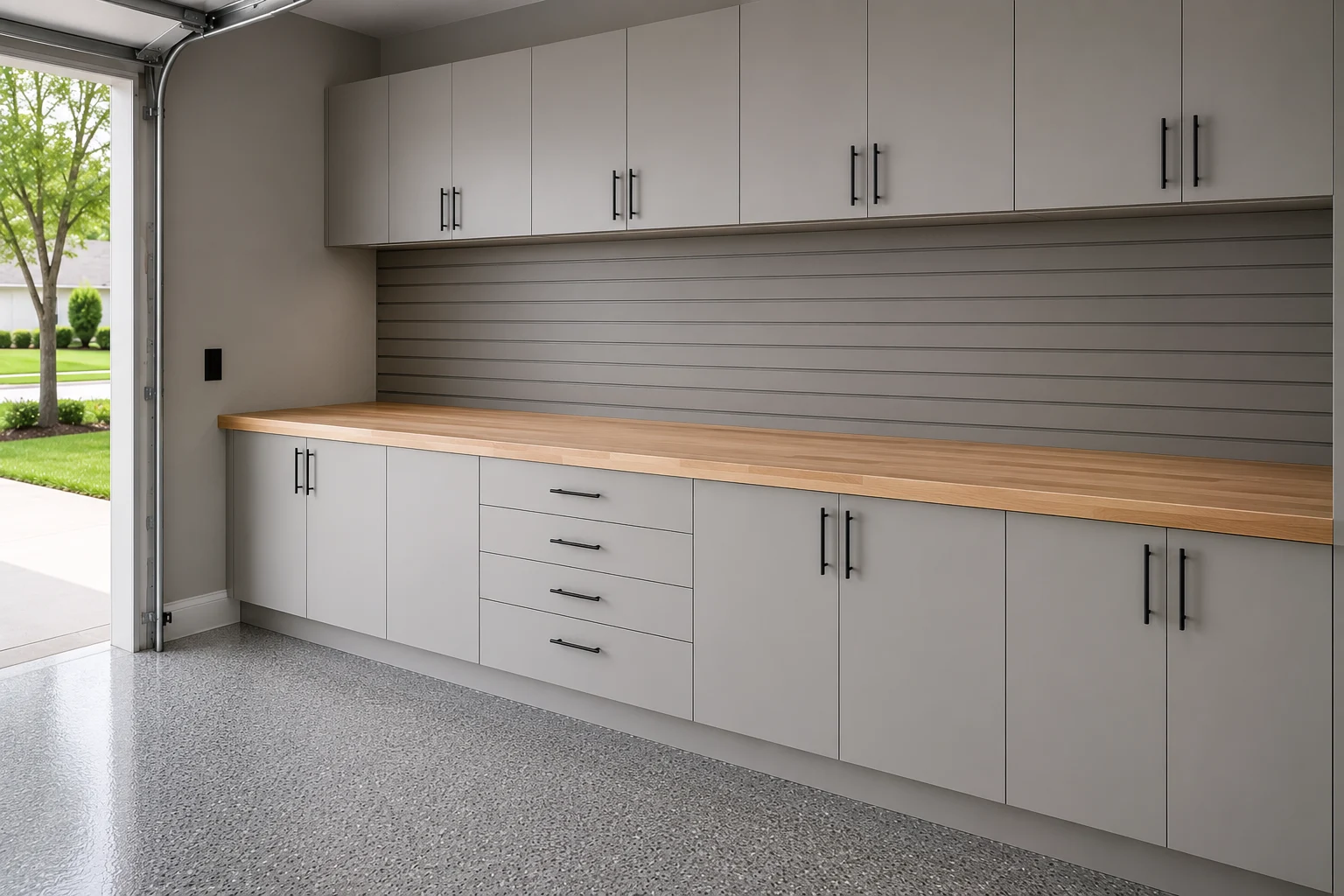 Garage workbench installed in a SAVAM House garage remodel