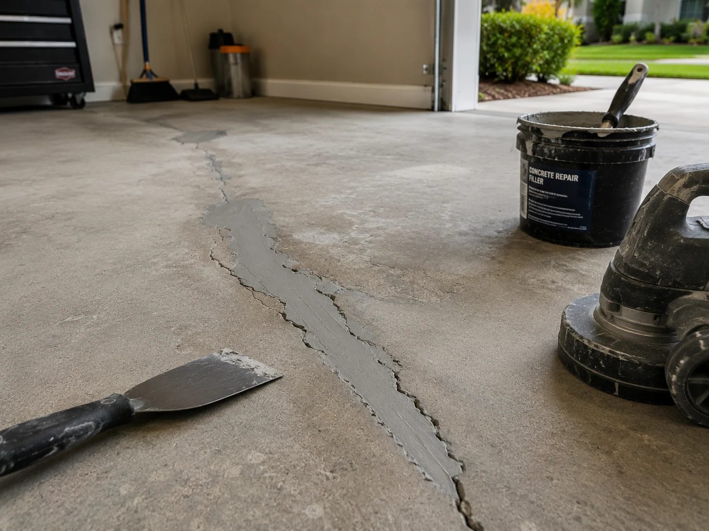 Garage slab with a long crack filled and troweled flush, a filler bucket and a concrete grinder standing by with the garage door open to the street