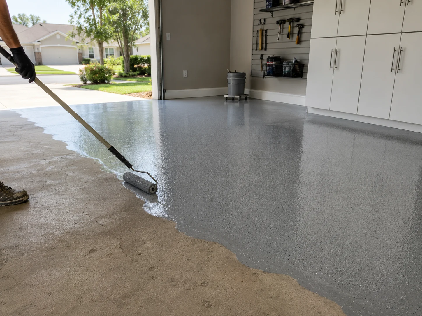 Epoxy floor coating application by SAVAM House