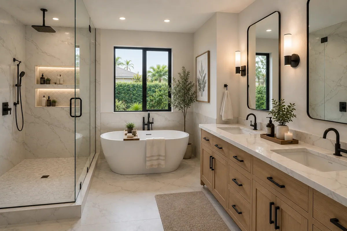 Concept visualization of a modern bathroom remodel with a frameless glass shower