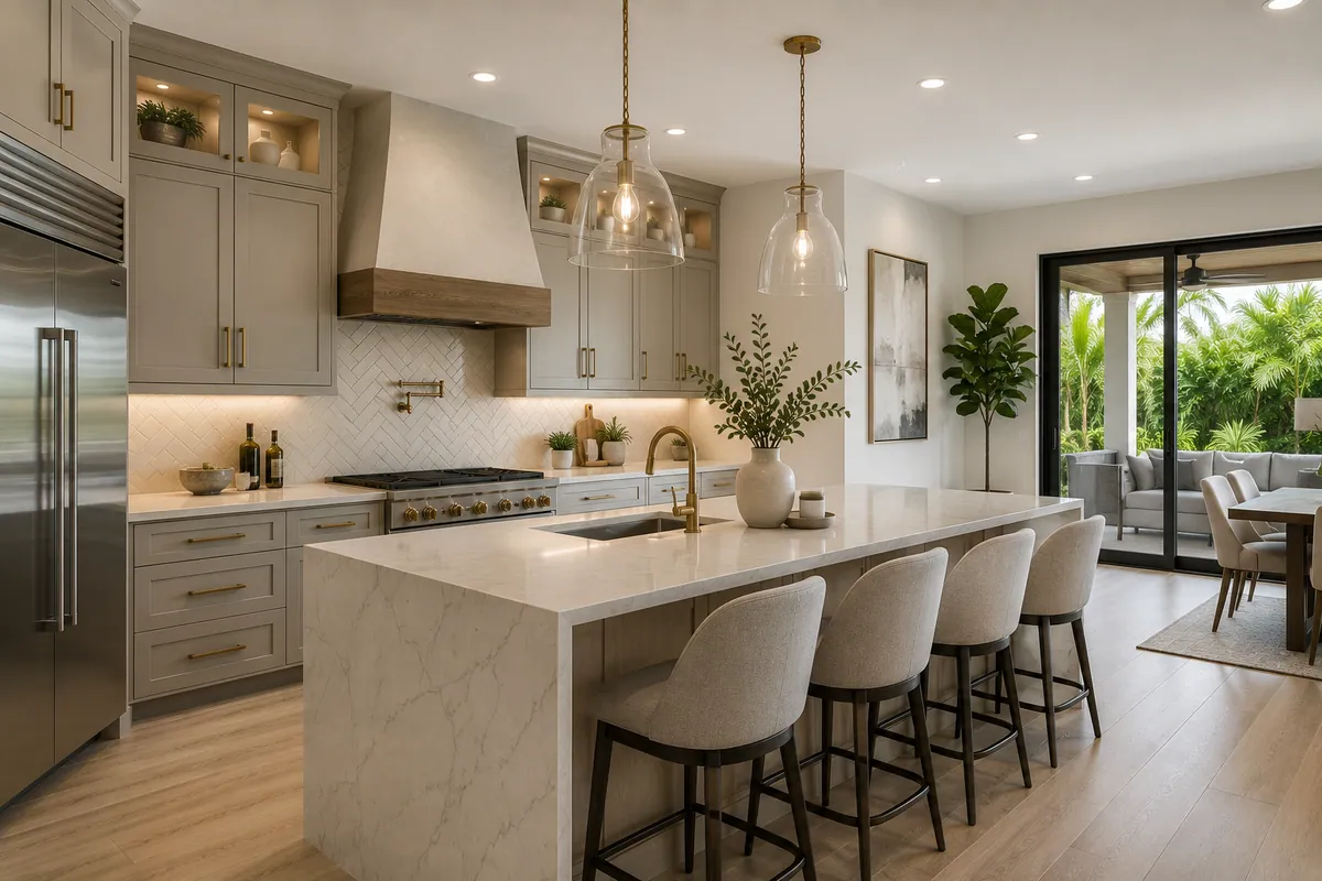 Concept visualization of a bright, modern kitchen remodel with white cabinetry