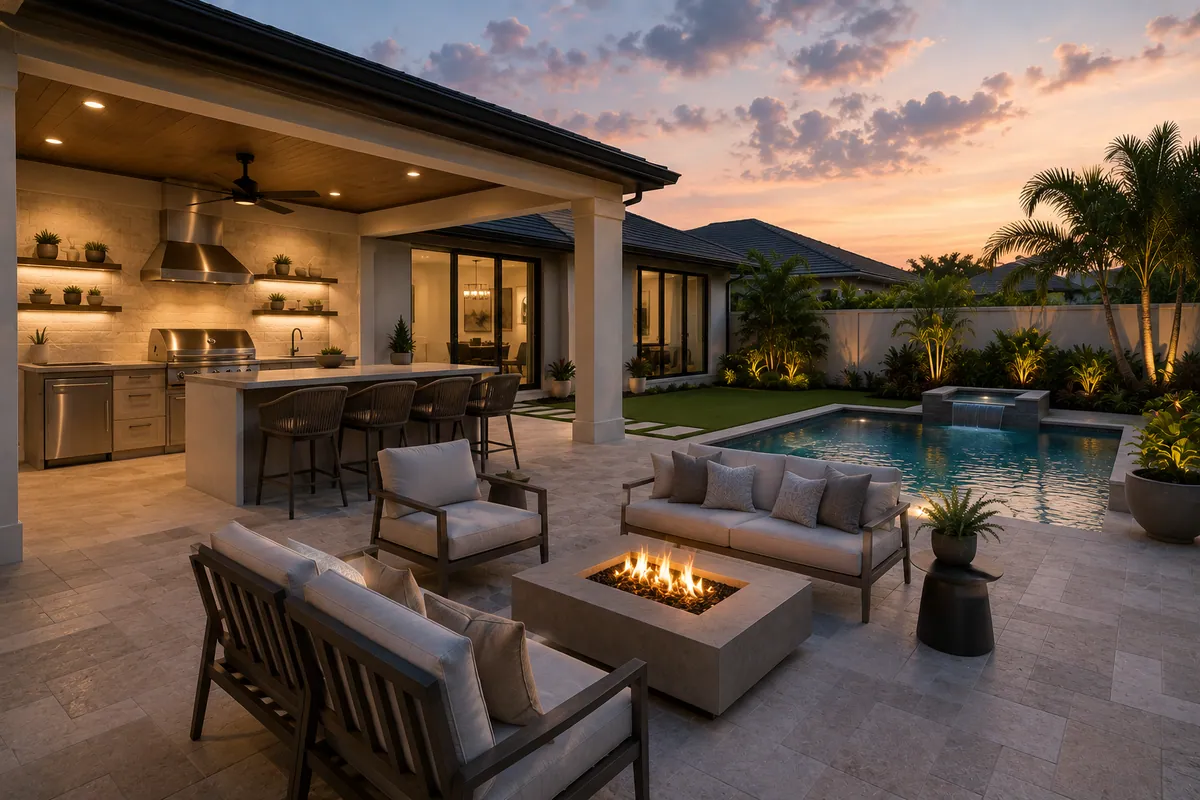Concept visualization of an outdoor living space with a covered lanai and seating area