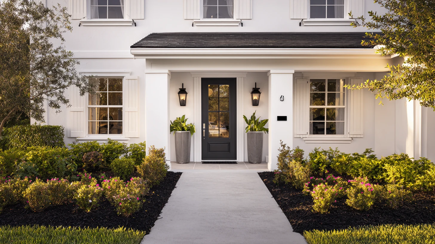 Refreshed home entry with updated fixtures and clean landscaping after service by SAVAM House