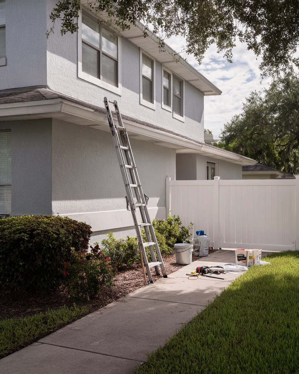 Exterior maintenance supplies and ladder set up for caulking work by SAVAM House