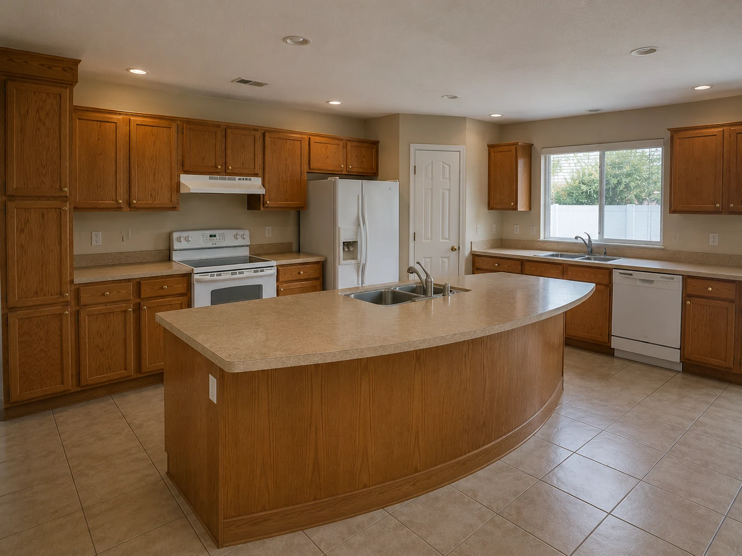 Worn cabinets and countertops before renovation