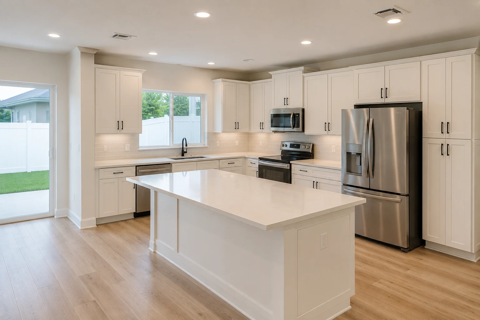 Concept visualization of a bright kitchen with white shaker cabinets and quartz countertops