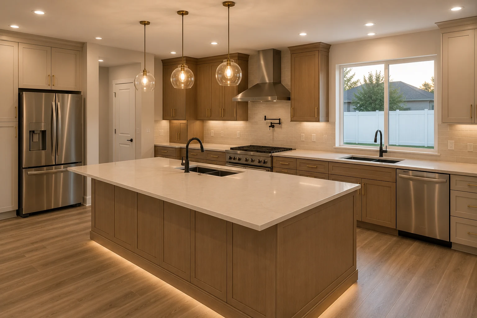 Concept visualization of an open-concept kitchen with a large island and pendant lighting