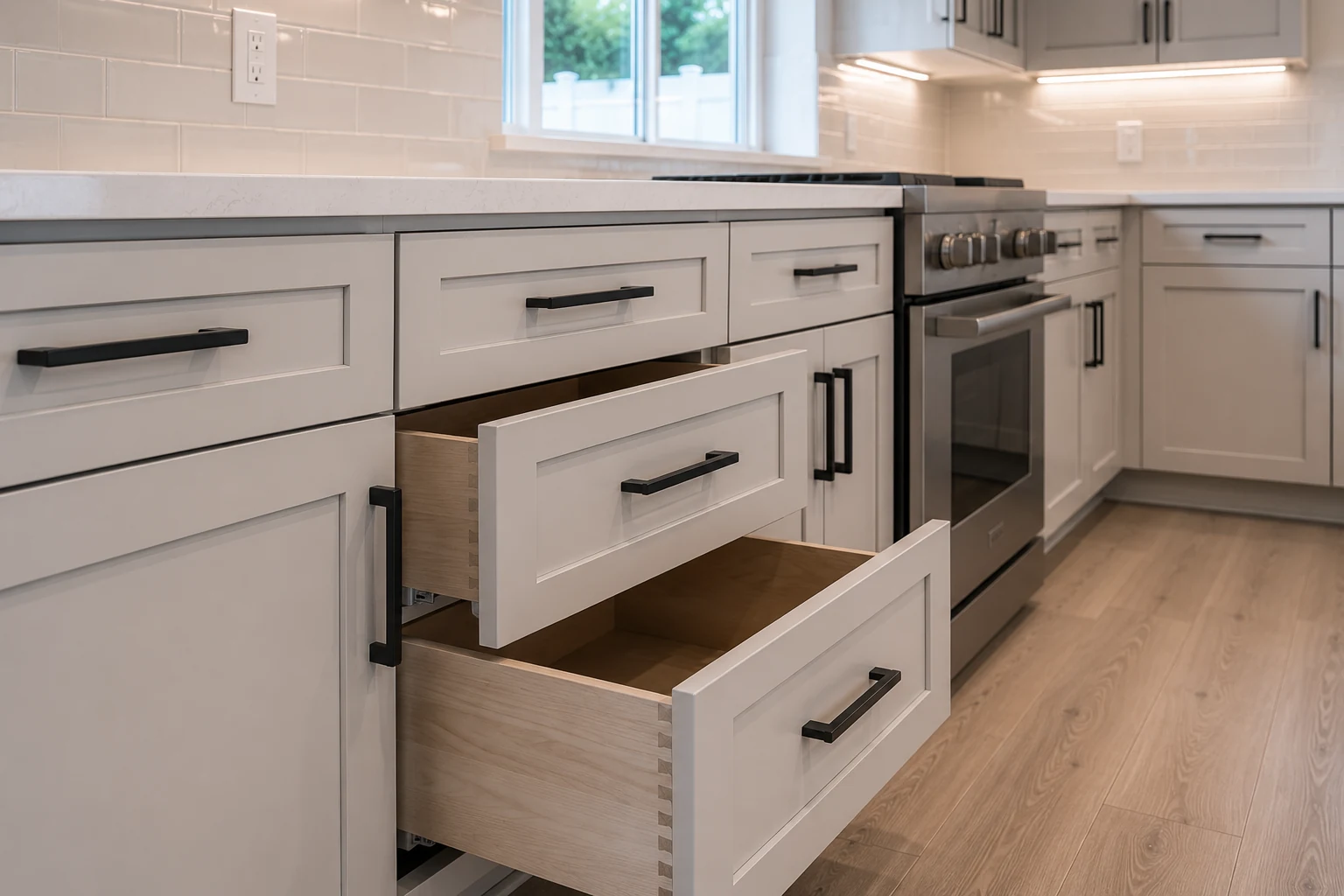 Custom shaker cabinets installed in a SAVAM House kitchen remodel