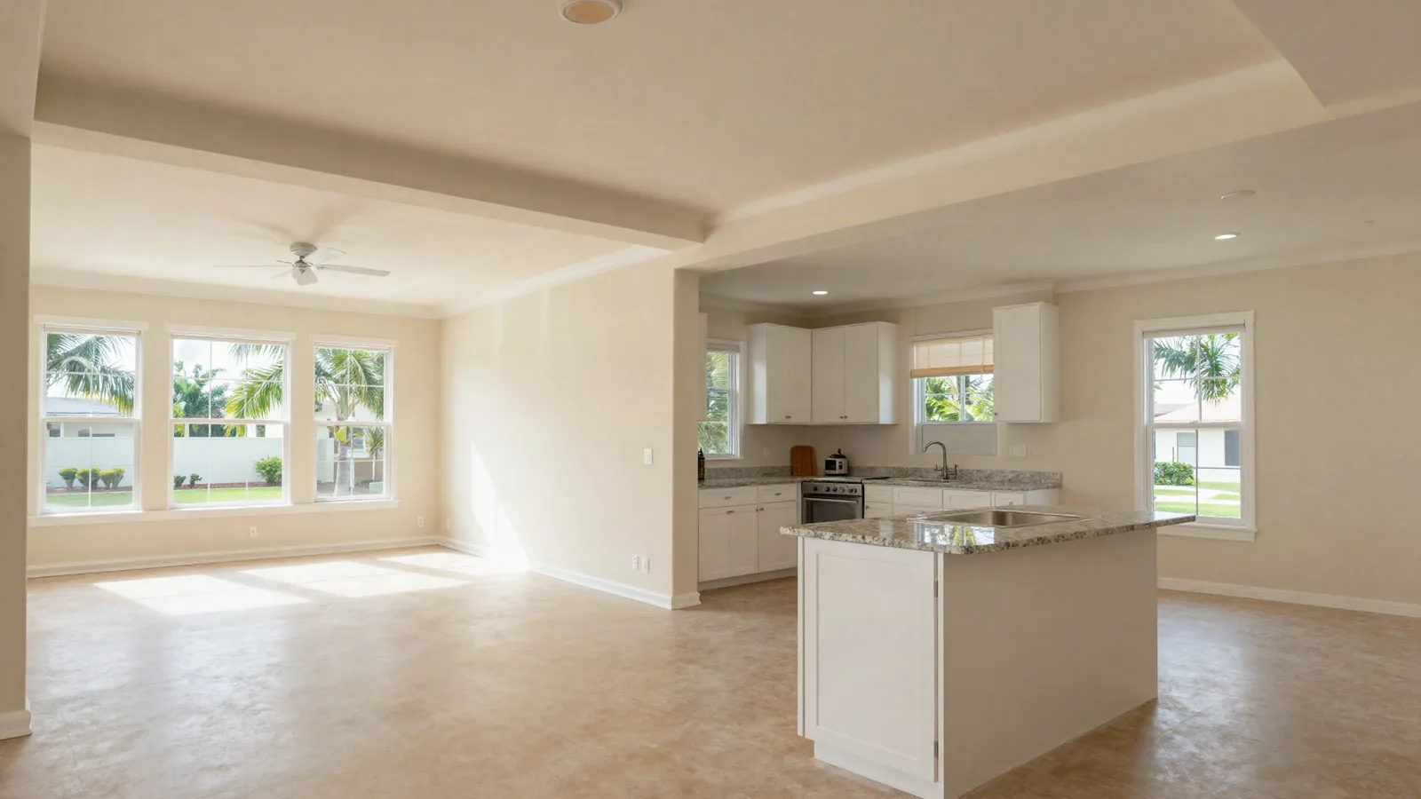 Kitchen with an island and white cabinets open to the living room under a ceiling beam, with no wall between them