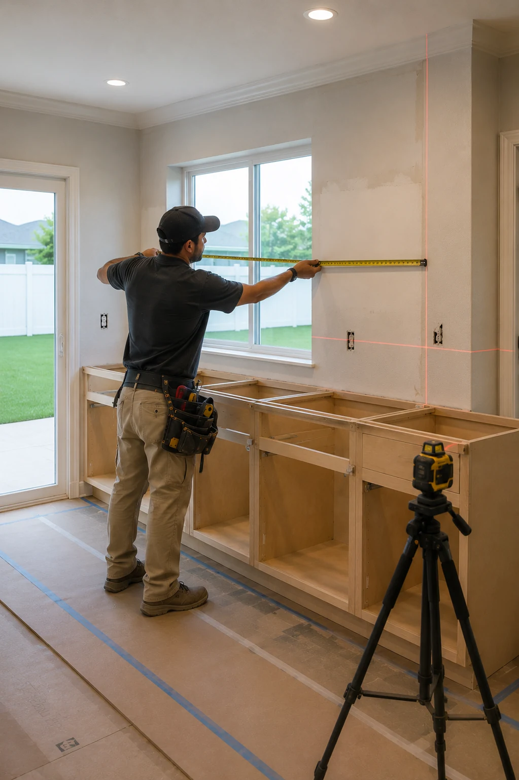 Wall measured against a laser level line above installed base cabinets by SAVAM House