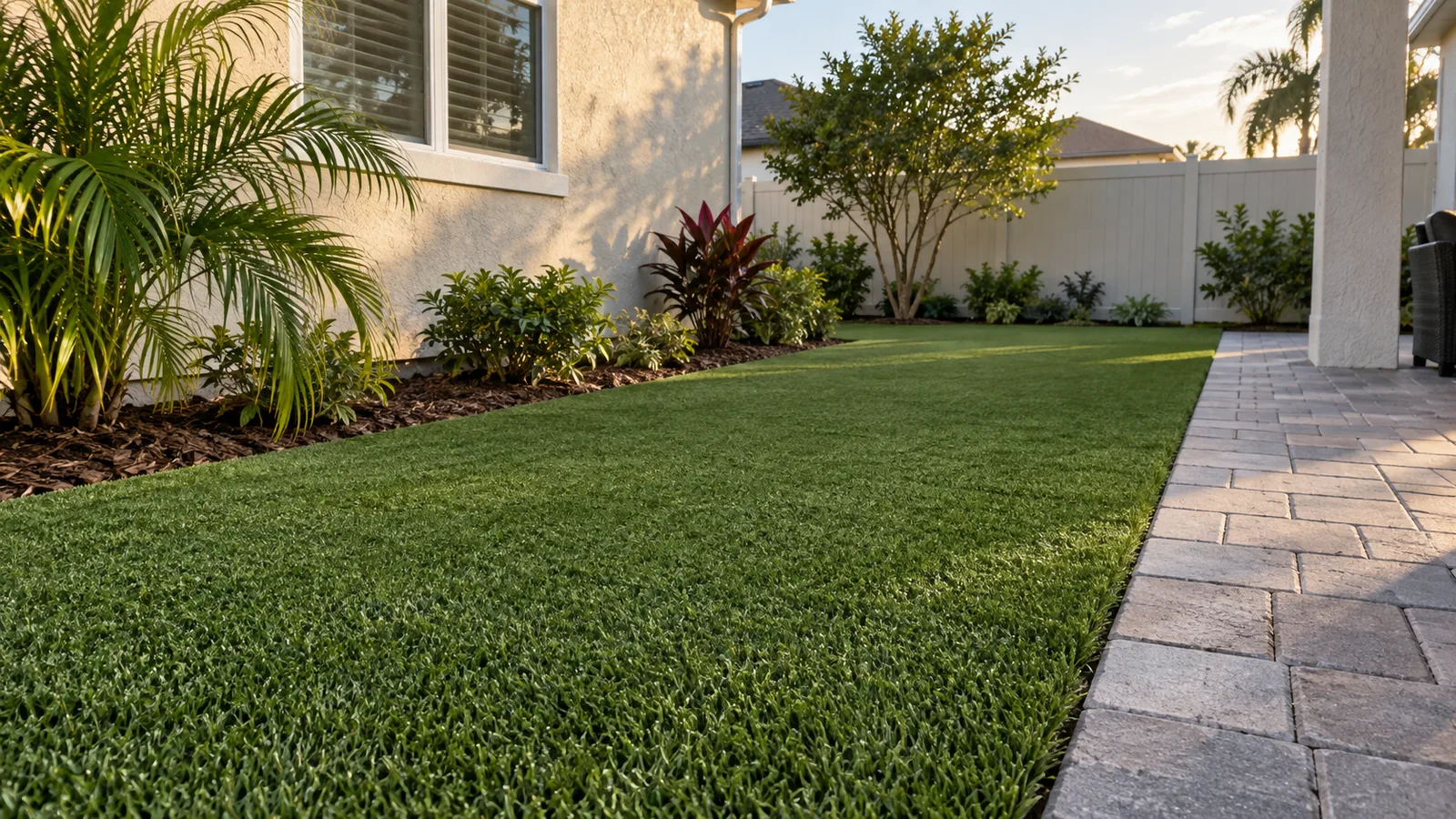 Artificial turf lawn running between a planted bed and a paver walkway beside a stucco house