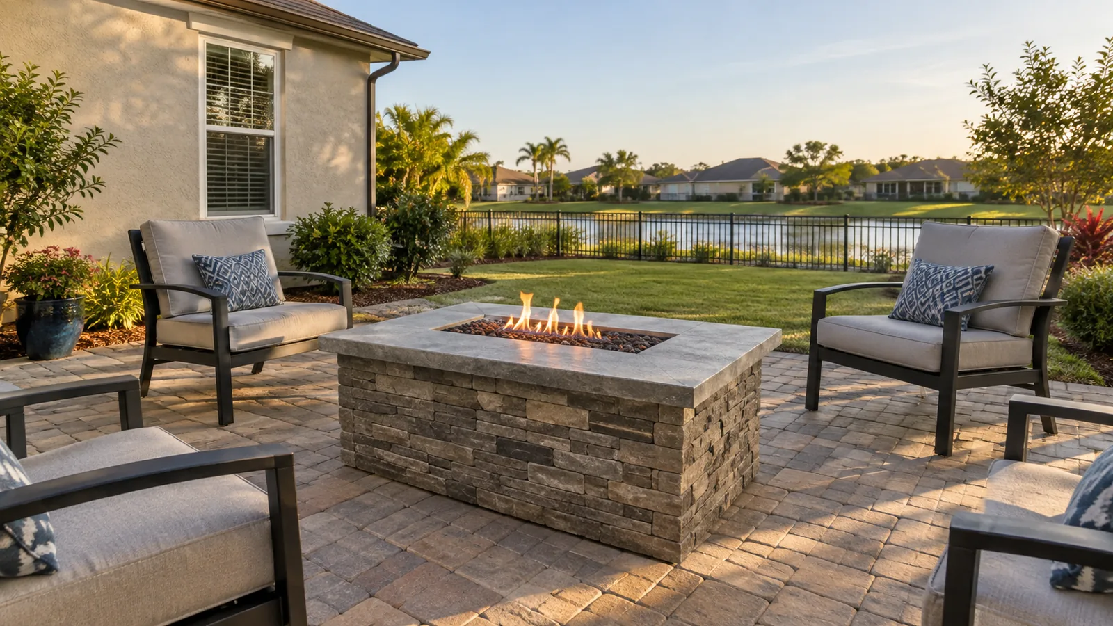 Rectangular gas fire table with a stone base on a paver patio, surrounded by cushioned lounge chairs
