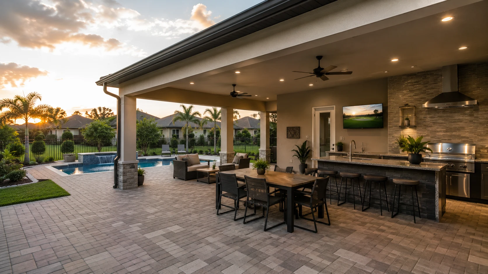 Covered outdoor living lanai with pool, seating, and outdoor kitchen in Central Florida by SAVAM House