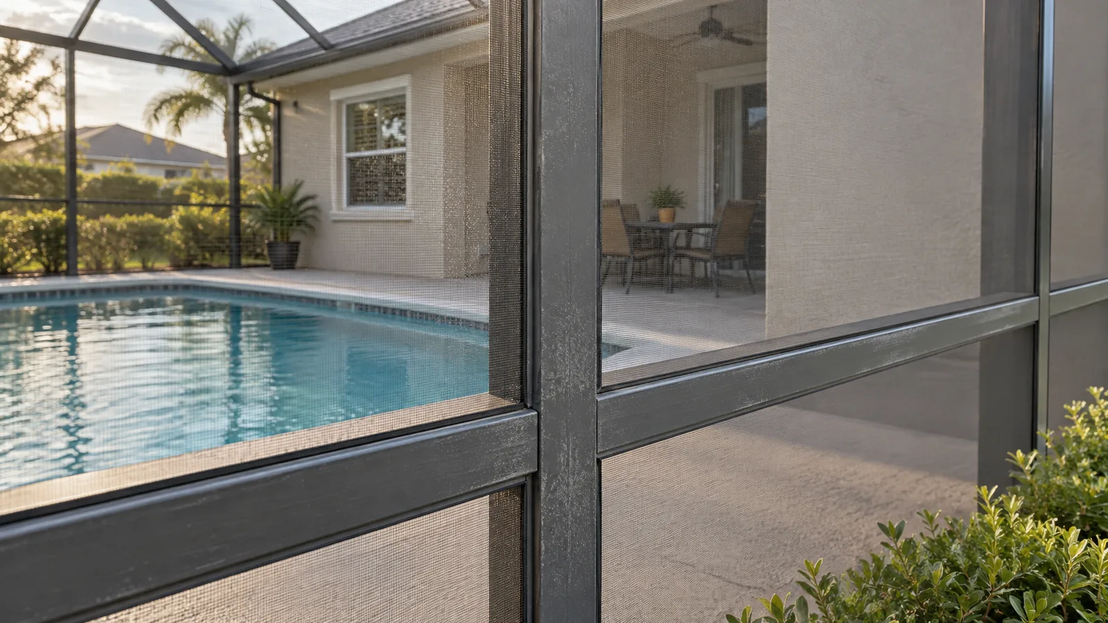 Close view of dark aluminum pool cage framing and screen panels beside a pool and patio