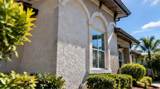 Textured stucco exterior wall with arched window trim, seen at an angle in afternoon sun
