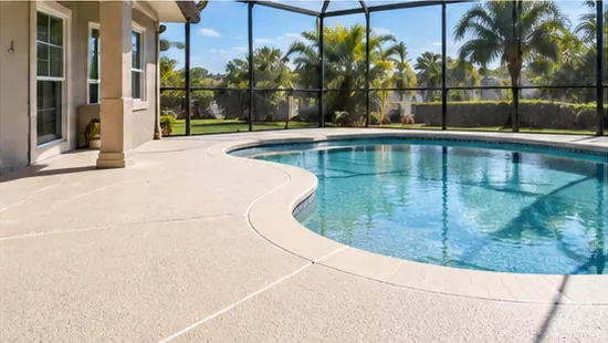 Pool deck with a light textured coating around a curved pool inside a screened enclosure