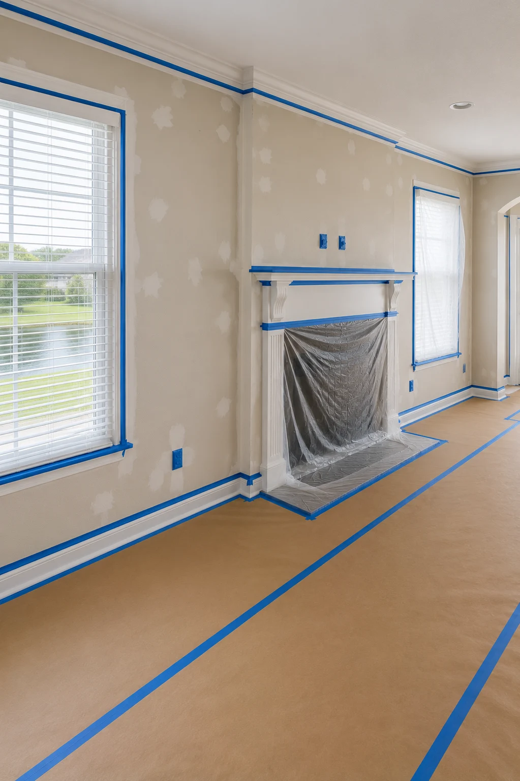 Living room fully masked for painting, with blue tape on all trim, patched drywall spots on the walls and floors covered in taped paper