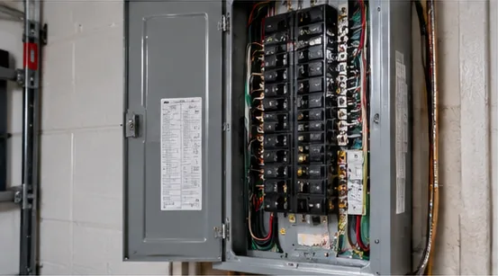 Open residential electrical panel with rows of circuit breakers and wiring, mounted on a block wall