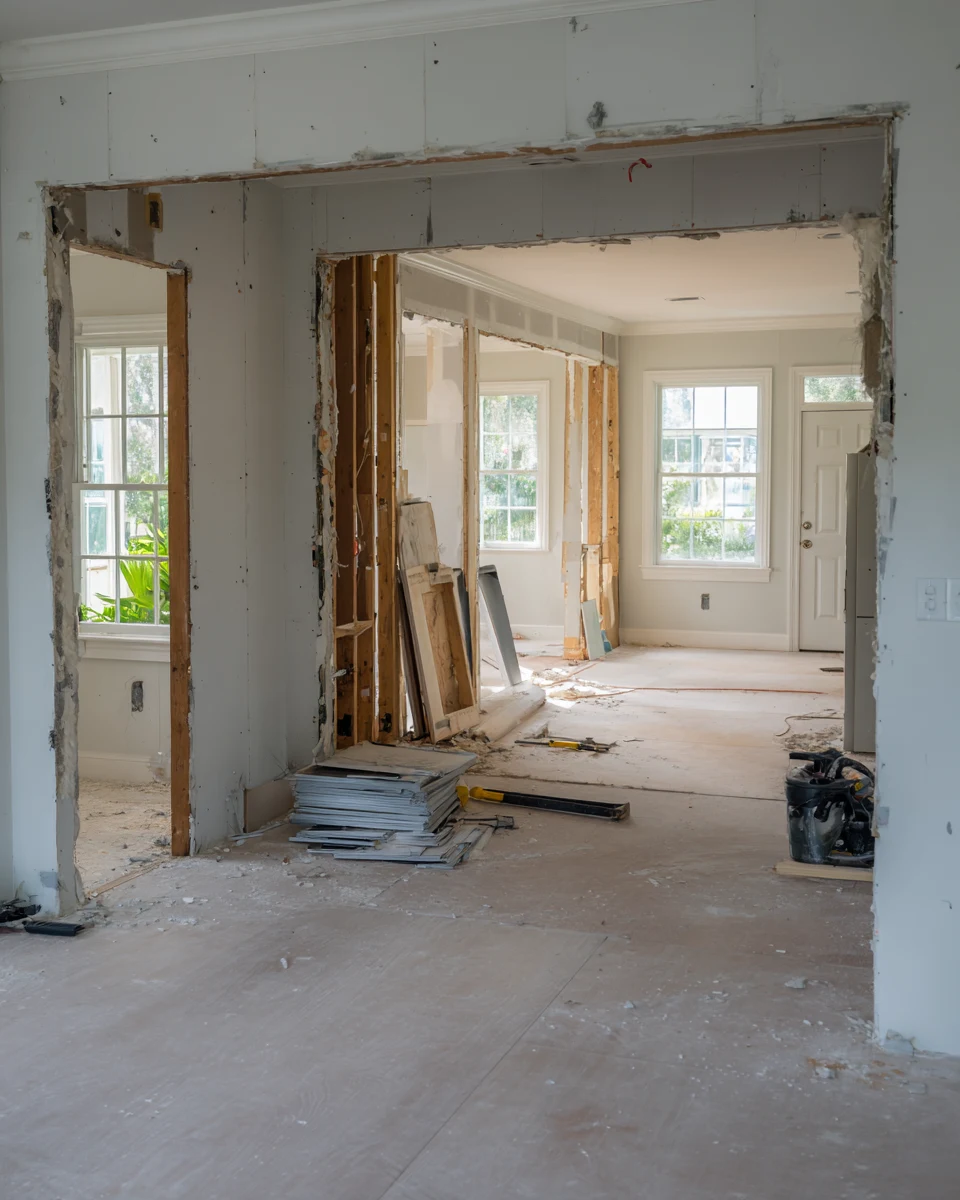 Interior wall opened into a wide structural opening with studs exposed and drywall stripped back on both sides during a renovation